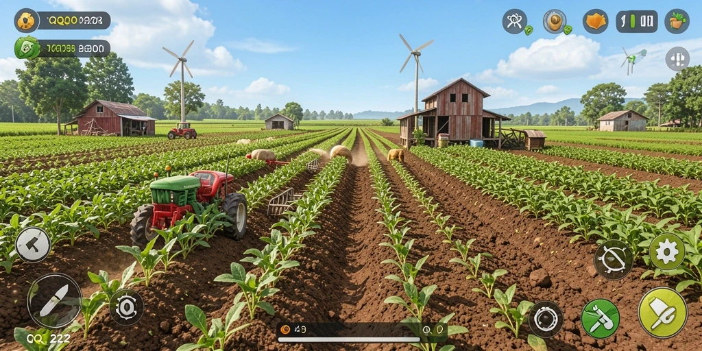 Screenshot menunjukkan gameplay pertanian yang interaktif dan seru.