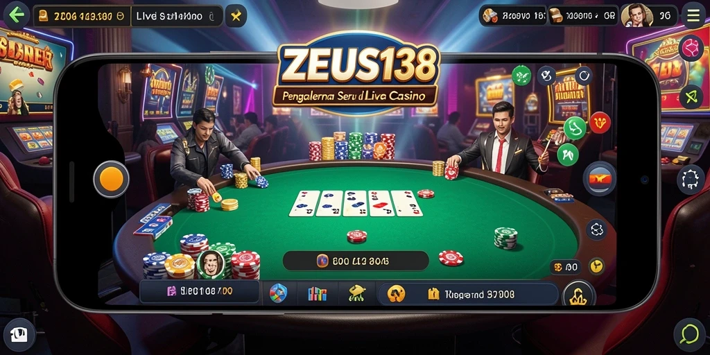Screenshot gameplay ZEUS138 menampilkan dealer live dalam suasana kasino.